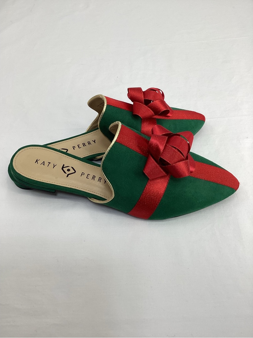 Katy Perry Stephanie Mules Green Suede with Red Satin Bow